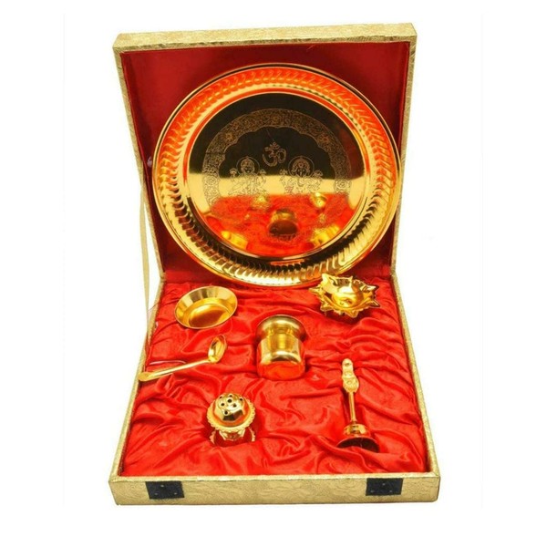 Estationeryhouse Indian Pooja Thali Set of 7 Pcs Diwali Festival Brass Aarti Pooja Thali brass thali in gold gift box
