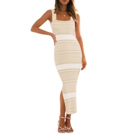 MEROKEETY Women's 2025 Summer Bodycon Midi Dress Vacation Sleeveless Ribbed Knit Striped Sweater Dresses, NewBeige, XS