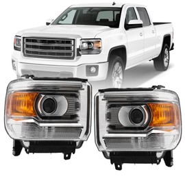 Headlight Assembly Compatible with 2014-2018 GMC Sierra 1500HD | 2015-2019 GMC Sierra 2500HD/ 3500HD Base/Denali/SLE/SLT Chrome Housing Amber Reflector Without LED Daytime Running lights Headlamp