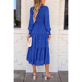 PRETTYGARDEN Women's Fall Spring Midi Dress Long Sleeve Floral Smocked Elegant Wedding Guest Long Flowy Dresses with Pockets (Royal Blue,Medium)