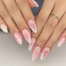 YOSOMMK Pink Almond Press on Nails Short Fake Nails with 3D Flower Designs Acrylic Nails Glossy Glue on False Nails for Women