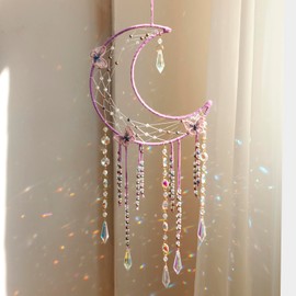 Artilady Butterfly Moon Dream Catcher - Boho Purple Large Moon Wall Decor Crystal Dreamcatcher for Girls Room Wedding Decoration Bedroom Home Garden Decor Christmas Women Teen Girl Boys Gifts