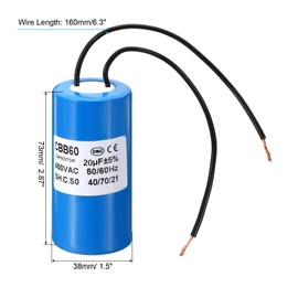 PATIKIL 20uf CBB60 Run Capacitor,1Pcs AC 450V 2 Wires 50/60Hz Motor Running Capacitor 225x38x73mm for Washing Machine, Cleaning Machine Pump Motor Star, Blue