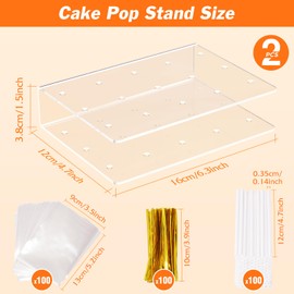 Dooiclear 2 Pack Cake Pop Stand with Sticks Kit, Acrylic Lollipop Hold Stand, Clear Cake Pop Display Holder, 15 Holes Candy Pop Holder with 100 Pcs Sticks, 100 Pcs Clear Wrappers, 100 Pcs Gold Twist Ties
