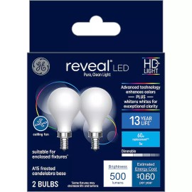 GE Reveal LED Light Bulb 2700K Frosted 60W 500 Lumen A15 Candelabra Base 2 Bulbs