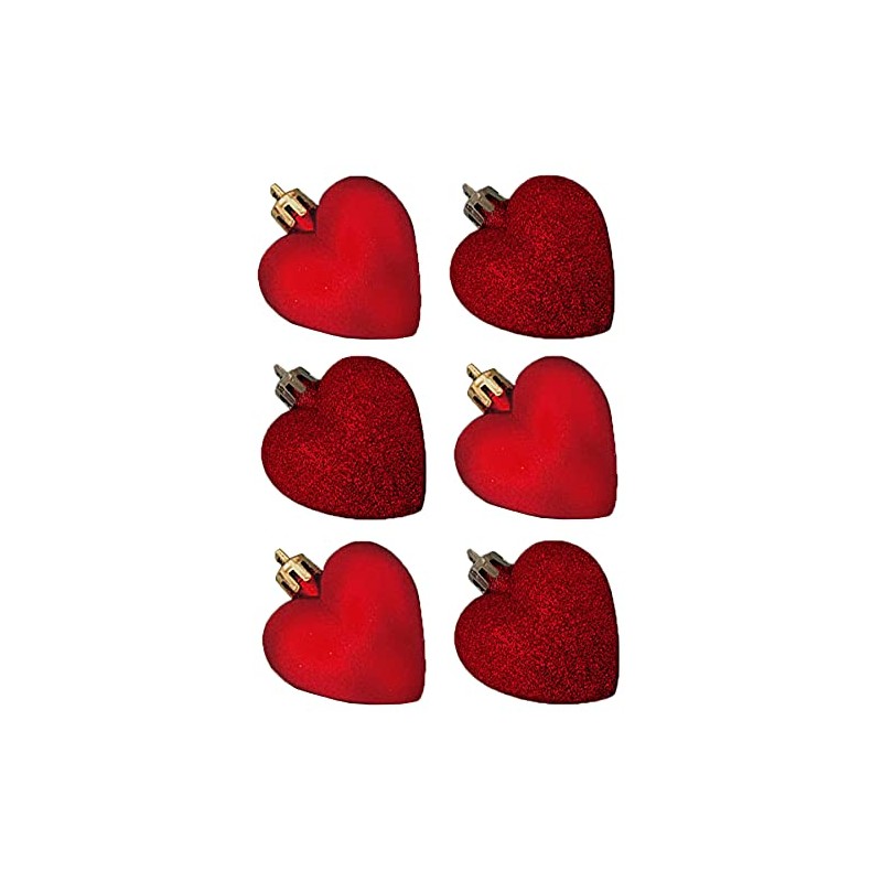 6 Pack 50mm Glitter / Plain Hearts Christmas Decoration -