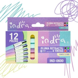 Pluma Retractil Escolar Indra Con 4 Tintas Caja Con 12 Pzs Colores Pastel Negra-azul-verde-rojo