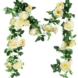 FiveSeasonStuff Rose Flower Garland Artificial Flowers Hanging Vines Décor for Wedding Decorations Arch Baby Shower Bridal Birthday Party Home Garden 4 Pack (Cream White)