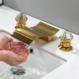 DEOLER Widespread Bathroom Sink Faucet with Crystal Knob 3 Hole Waterfall Vanity Faucet 8 Inch Crystal Bathroom Faucets Deck Mount Basin Mixer Tap with Hose, Polished Gold