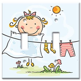 Art Plates - Double Gang Toggle Switch Plate - Decorative Metal Wall Plate - Kid doing Laundry - (Made in USA)