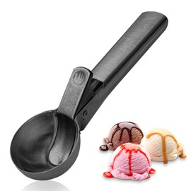 Cuchara de helado portátil de acero inoxidable con gatillo y mango cómodo, cuchara de helado perfecta para helados, frutas, galletas (1P-negro)