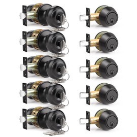 Brotima 5 Pack Keyed Alike Front Door Knob and Deadbolt Set, Entry Door Locksets with Single Cylinder Deadbolt, Matte Black Flat Round Door Lock Set for Bedroom/Office/Exterior Doors