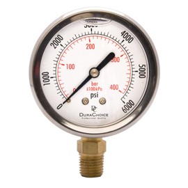 2-1/2" Oil Filled Pressure Gauge - Stainless Steel Case, Brass, 1/4" NPT, Lower Mount Connection, 0-6,000PSI