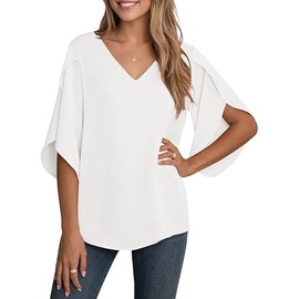YGJIEGENG Women's Chiffon Blouse Ladies Tops Elegant Casual Loose 3/4 Ruffled Split Sleeve V Neck Summer Blouse T Shirts,White, Large