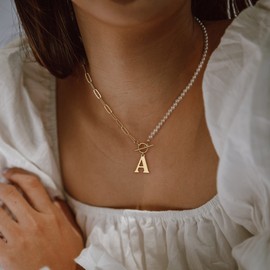 Dainty Initial Pearl Necklace for Women, 14K Gold Plated Paperclip Link Chain Necklace Toggle Clasp Necklace Initial Necklaces Gold Jewelry for Women Letter N