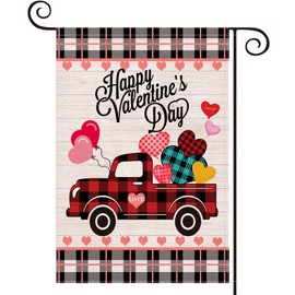 Happy Valentine's Day Garden Flag for Outside,12×18 Inch Double Sided Burlap,Black and White Buffalo Plaid Truck with Love Heart,Valentine Day Yard Decors for Outdoor Anniversary Wedding Farmhouse