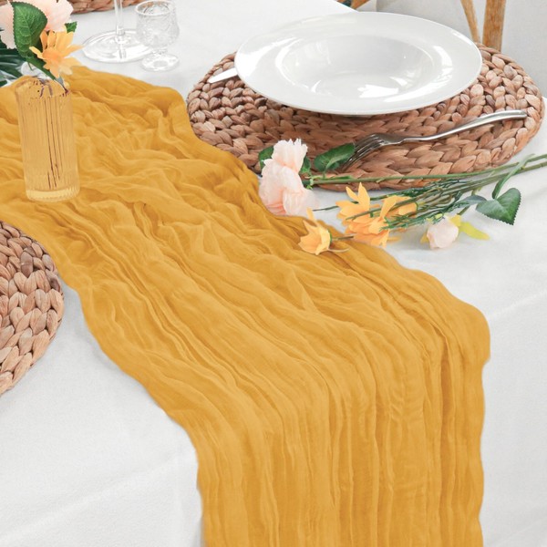 Sevenpers Cheesecloth Table Runner Gold 35"x120" Gauze Rustic Fabric Boho