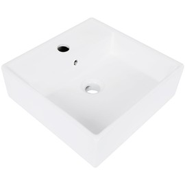 15"x15" Square Bathroom Vessel Sink, Above Counter Bathroom Sinks with Overflow Hole, White Ceramic Vessel Vanity Sink for Bathroom, NoFaucet and Drain