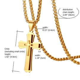 JewelryWe Men's Christ Cross Crucifix Metal Pendant Stainless Steel Necklace With Wheat Chain,22 Inch(Gold)