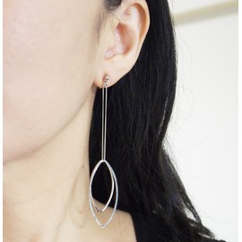 Oval Hoop Invisible Clip On Earrings Modern Dangle Long Chain Silver tone Drop Clip on Hoop Earrings