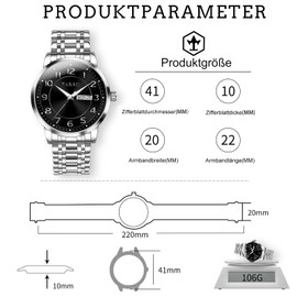 Taxau Silver Waterproof Watches for Men Stainless Steel Dress Men Watches Luxury Business Wristwatches Multifunctional Luminous with Date Gift for Men, silver band black face-g8405g