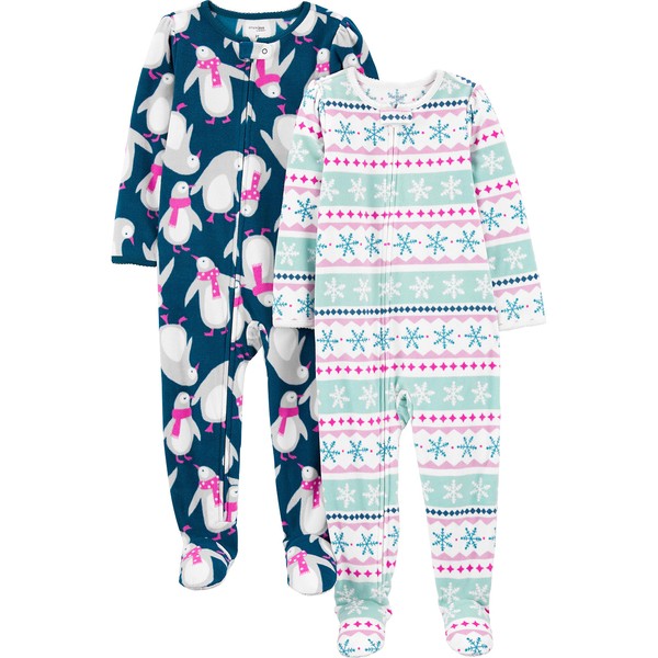 Simple Joys by Carter's Baby Girls' Holiday Loose-Fit Flame Resistant Fleece Footed Pajamas, Pack of 2, Fair Isle/Penguin, 18 Months
