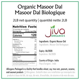 Jiva Organics Organic Masoor Dal 2 Pound Bag (Split Red Lentils) - Non-GMO, Pure & Natural