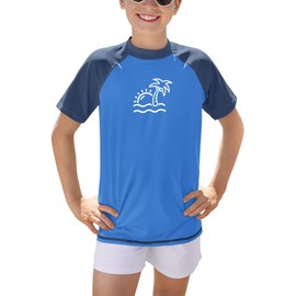 BesserBay Boys' Short-Sleeved Crew Neck UV Shirt Rash Guard UPF 50+ Swimming Shirt Children's Swimming Shirt 110-160, Coconut Tree Blue, 160
