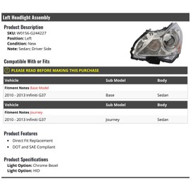 Left Driver Side HID Headlight Assembly - Chrome Bezel - Compatible with 2010-2013 Infiniti G37 Sedan