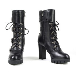 Milwaukee Leather MBL9459 Women's Black Leather Buckles Platform Boots with Lace-Up Closure - 6