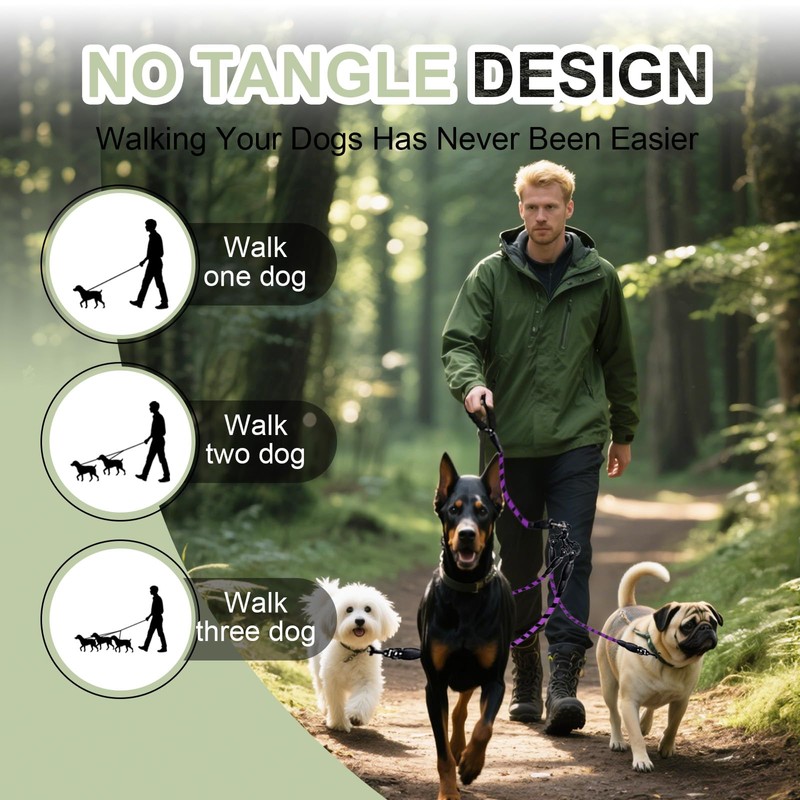 LEOSASA No-Tangle 3-Dog Leash - Main Lead Rope with Heavy-Duty