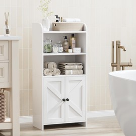 Homhedy Small Bathroom Cabinet, Toilet Paper Storage with 2 Barn Doors and Shelves, Farmhouse Freestanding Storage Cabinet for Bathroom, Laundry Room, 7.9" D x 14.6" W x 31" H, White