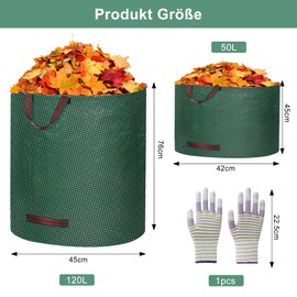 APOMOONS Pack of 2 Garden Waste Bags Stable with Work Gloves, Garden Bags, Leaf Bags for Green Cutting Bags, Garden Waste Bags, Lawn Bag, Grass Bag, Container for Garden Waste Garden Rubbish Bags, 120 L, 50 L