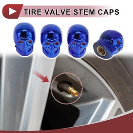 HEROFFIX 4 Pcs Skull Head Shape Tire Valve Stem Caps Decorative Tyre Valve Dust Covers 7x22mm Blue Plastic Copper