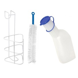Urine Bottle Set Large, 1XURINFLASCHE Men 1 Litre with Lid, 1 x 37 cm Bottle Brush, 1 X Urine Bottle Holder