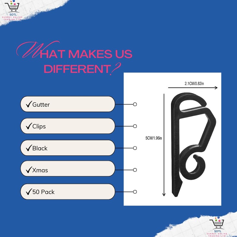SOTL® 5X 50 Black Gutter Hooks for Hanging Outdoor Christmas