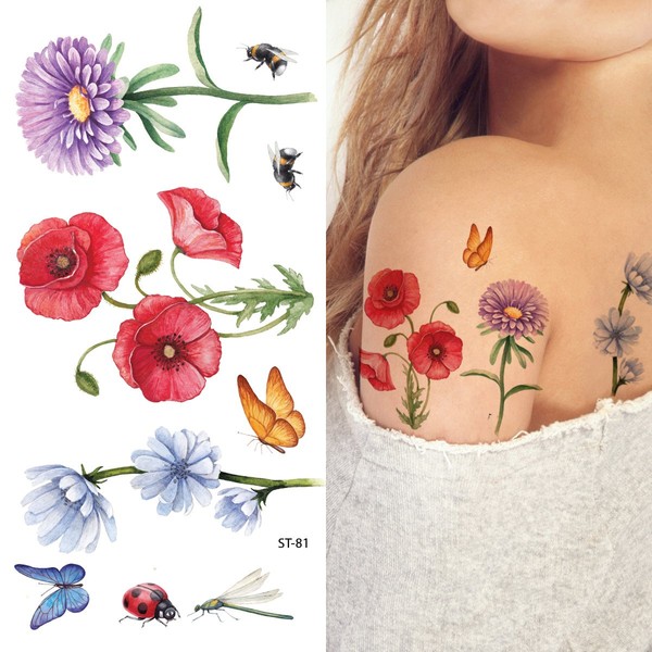 Supperb® Temporary Tattoos - Hand drawn Colorful Flower (Set of 2)