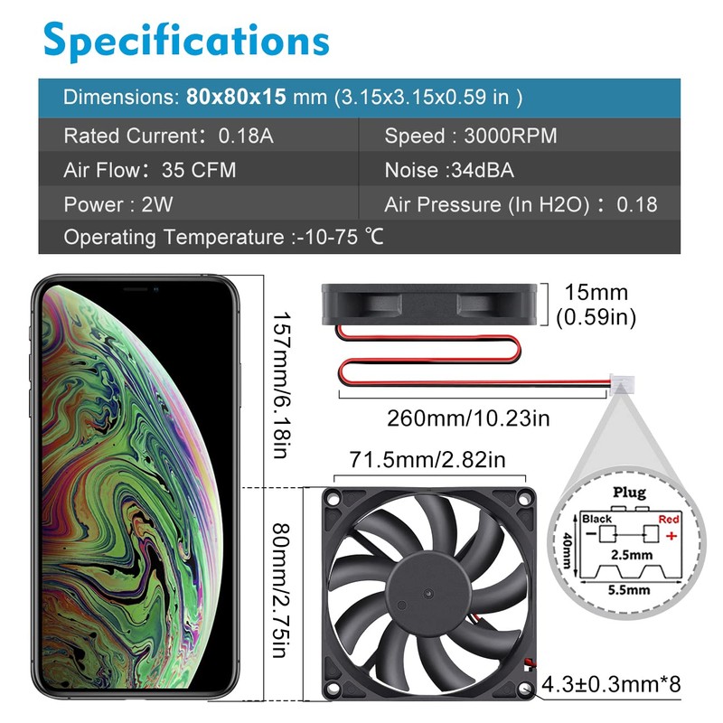 Wathai DC Brushless 12V Cooling Case Fan 80mm x 15mm