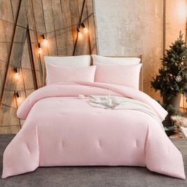 Doimier Twin Comforter Set, Super Soft Marshmallow Comforter, 4 PCS Boho Bedding Sets, Pink Bet Set with Fluffy Comforter, Fitted Sheet & Pillowcases, Microfiber Lightweight Comfy for All Seasons
