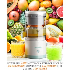 Electric Juicer Rechargeable,Portable Kitchen Gadget for making Orange Juice,Squeezing Oranges,Lemons,Kiwi Fruit,Grapefruits,and Citrus Juices.Comes with USB charging and a Cleaning Brush(White)