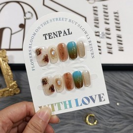 TENPAL Artisan Fall Winter Press on Nails with Kit, Glossy Amber Toffee Watercolor Square Nails,Gold Foil Cat Eye & Maple Whisper Designs Glue on Nails, Autumn Aura Soft Gel Fake Nails Set 10Pcs(XS)