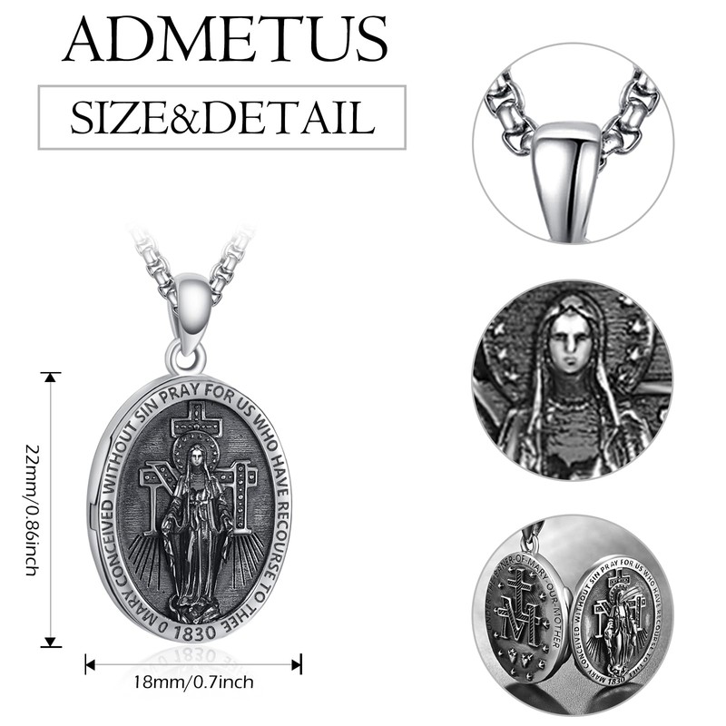 ADMETUS Miraculous Medal Locket Necklace Sterling Silver Virgin Mary Locket