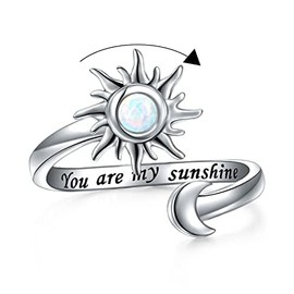 Anxiety Ring for Women 925 Sterling Silver Created Opal Sun and Moon Spinner Ring Adjustable Open Anti-Stress Relief Rings Jewellery Gift for Men and Women, Sterling Silver, Created Opal