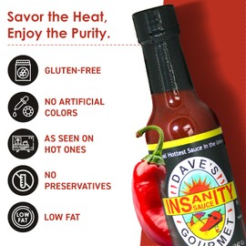 Dave's Gourmet Original Insanity Hot Sauce - As Seen on Hot Ones Season 1 - Sauce for Burgers, Burritos, Stews - Hot Sauce Challenge Favorite - Bold Flavor Red Sauce - 5oz (Pack of 3)