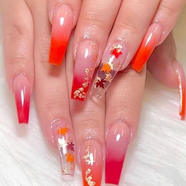 RTKHFZE Fall Press on Nails Long Coffin Fake Nails French Tip Red Gradient False Nails with Maple Leaf Designs Full Cover Acrylic Nails Gold Foil Glossy Glue on Nails for Women Manicure 24Pcs