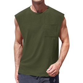 ZIWOCH Mens Sleeveless Tank Tops Workout Cut Off Shirts Muscle Gym T Shirts with Pocket Army Green