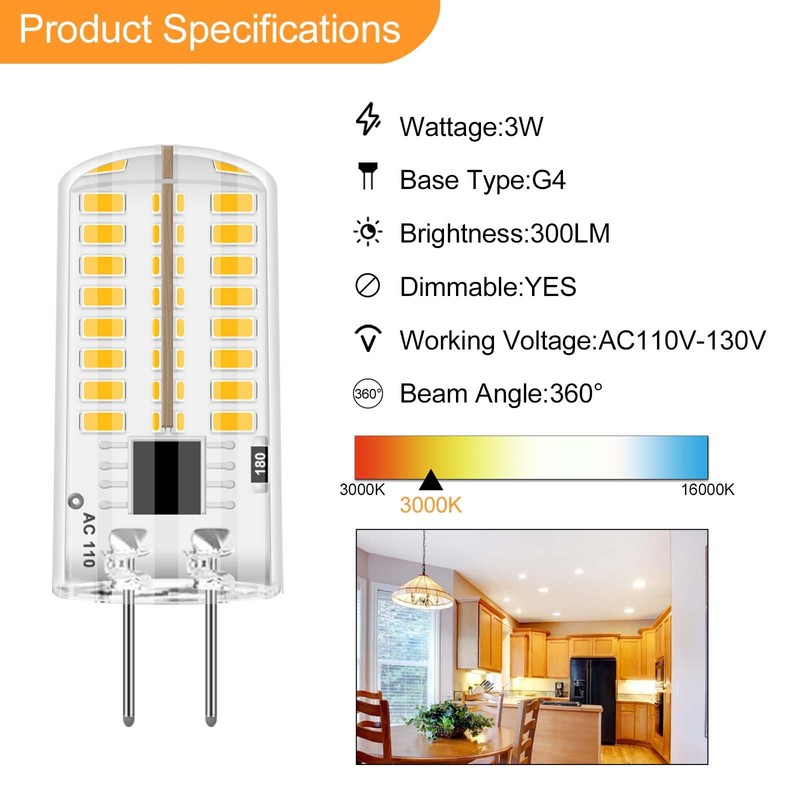 Megereet G4 LED Bulb 120V Dimmable 3W(20W 30W Halogen Equivalent)
