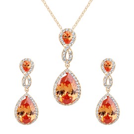 EVER FAITH Wedding Jewelry Topaz Color Crystal CZ 8-Shape Teardrop Necklace Earrings Set Gold-Tone