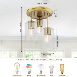 3-Light Semi Flush Mount Ceiling Light, Close to Ceiling Light Fixture with Clear Glass Shades, Modern Hallway Lighting Fixtures for Bedroom, Kitchen, Foyer Entryway with E26 Socket(Bulb Not Included)