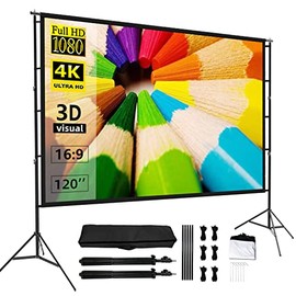 Projector Screen with Stand, Towond 120 inch Indoor Outdoor Projection Screen, Portable 16:9 4K HD Rear Front Movie Screen Pull Down with Carry Bag Wrinkle-Free Design for Home Theater Backyard Cinema